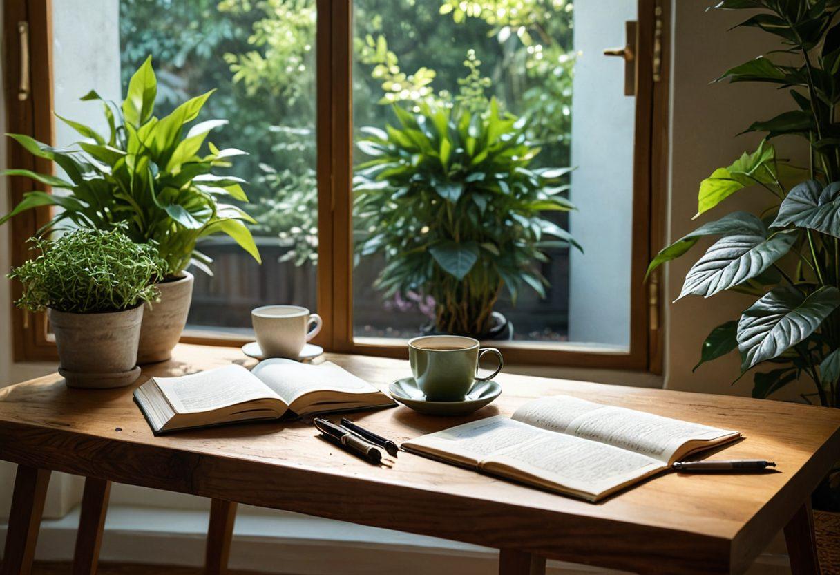 A serene meditation space with a tranquil setting, featuring plants and soothing colors. Include an open journal with a pen and a steaming cup of herbal tea on a wooden table. A soft sunlight filtering through the windows creates a peaceful atmosphere, while hints of fitness equipment in the background suggest an active lifestyle. super-realistic. vibrant colors. warm lighting.